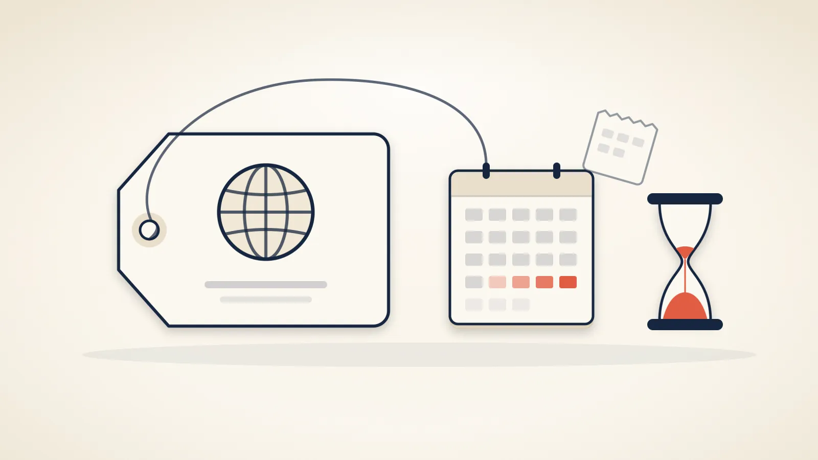 A luggage tag with a globe on it, tied by a string to a tear-off calendar whose last days turn coral, beside an hourglass that has nearly run out, on a warm cream background