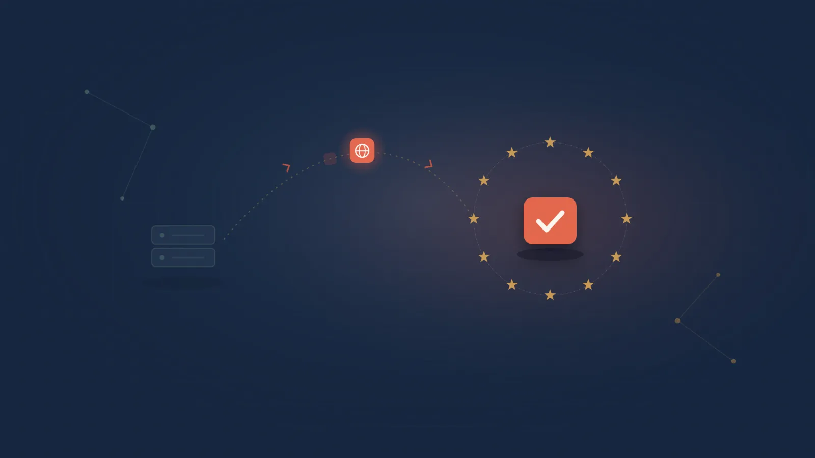 A small website shown mid-flight on an arc between an old server and a new one in the EU, with a circle of gold stars around the destination