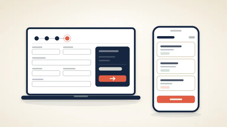 A laptop showing a short checkout form beside its order summary, with four step markers above it and the last one live, next to a phone showing the client area as stacked cards, on a warm cream background