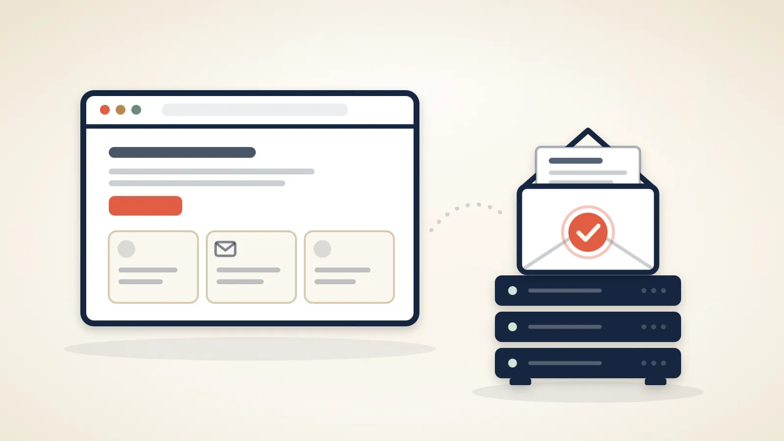 An open envelope resting on a small navy server beside a website window, with a coral tick on the envelope, on a warm cream background