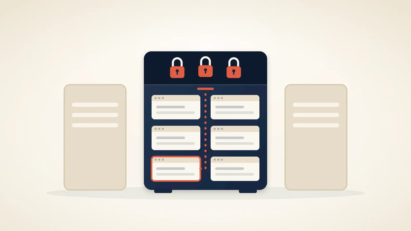A navy server cabinet holding six small website windows, with a dotted coral line rising from one window towards the top of the cabinet and stopped by three closed padlocks, on a warm cream background