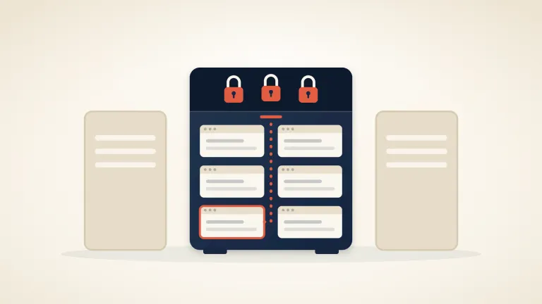 A navy server cabinet holding six small website windows, with a dotted coral line rising from one window towards the top of the cabinet and stopped by three closed padlocks, on a warm cream background