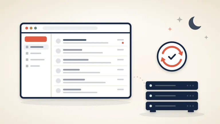 A webmail window with an inbox beside a small navy server, a white badge of two coral arrows turning round a tick above the server, and a crescent moon and stars in the sky, on a warm cream background