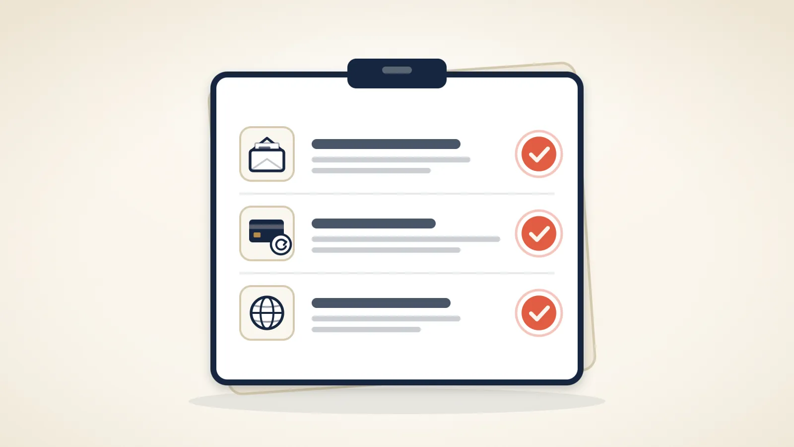 A cream checklist card with three rows, an open envelope, a bank card with a circular arrow and a small globe, each marked with a coral tick, on a warm cream background