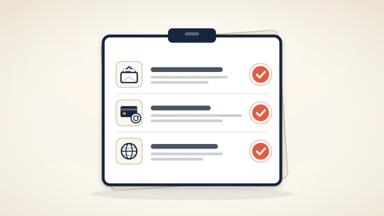 A cream checklist card with three rows, an open envelope, a bank card with a circular arrow and a small globe, each marked with a coral tick, on a warm cream background