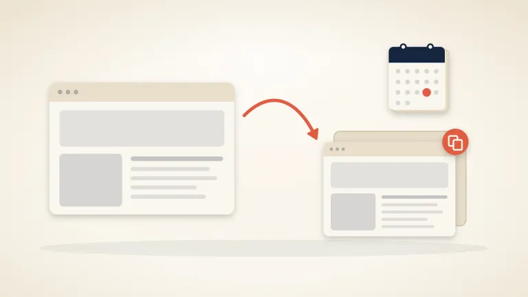 A website window with a smaller copy of itself beside it, joined by a coral copy arrow, and a tear-off calendar with one day marked in coral, on a warm cream background
