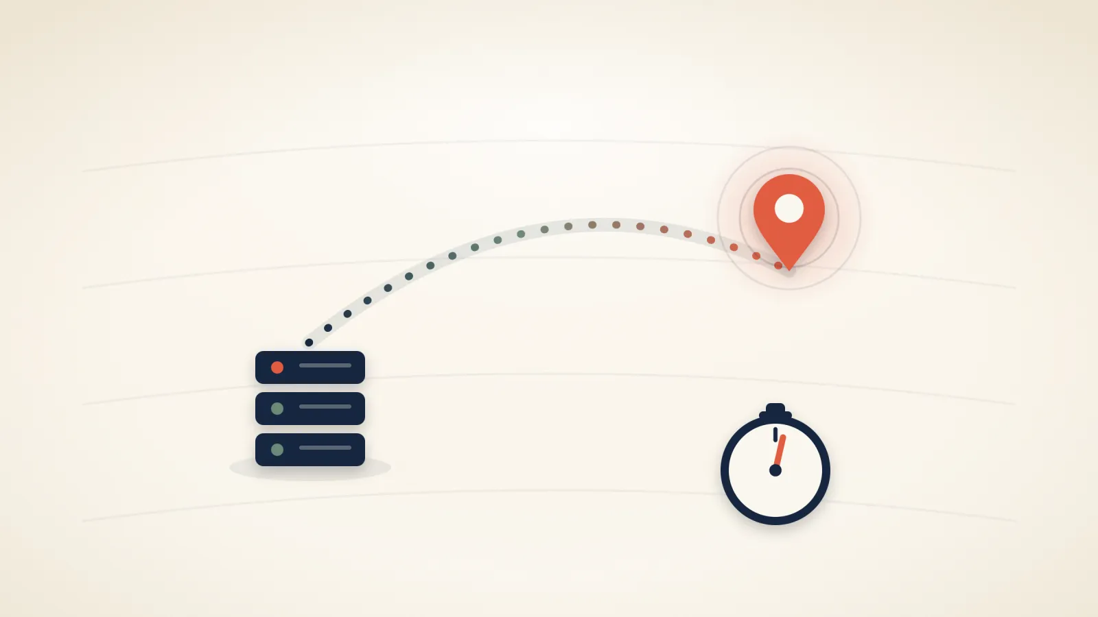 A map-like arc drawn between two glowing points, with a small stopwatch reading 29 milliseconds beside it, on a warm cream background