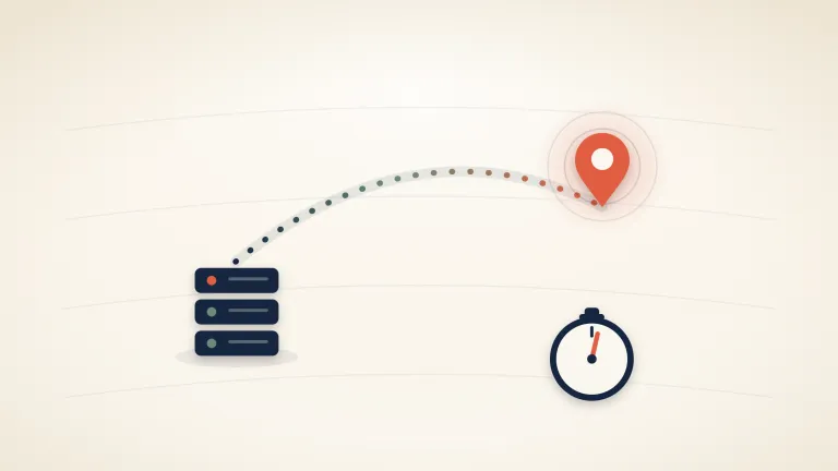 A map-like arc drawn between two glowing points, with a small stopwatch reading 29 milliseconds beside it, on a warm cream background