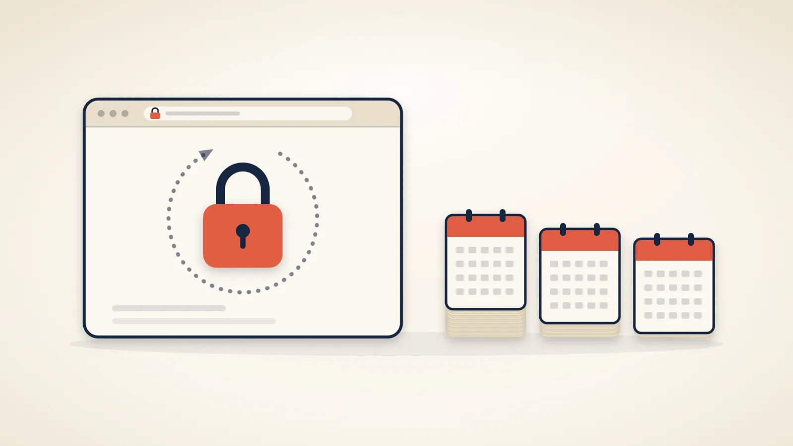 A website window with a coral padlock inside a dotted circular arrow, beside three tear-off calendars, each with fewer pages than the one before, on a warm cream background
