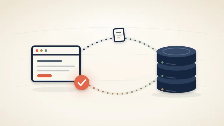 A website window on the left and a stack of storage discs on the right, joined by two dotted arcs: one carries a copy out to storage, the other comes back and ends in a tick on the website, on a warm cream background