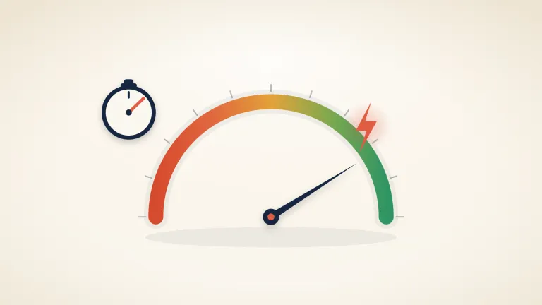 Speedometer-style gauge with its needle up in the green zone, a stopwatch next to it, drawn on a warm cream background